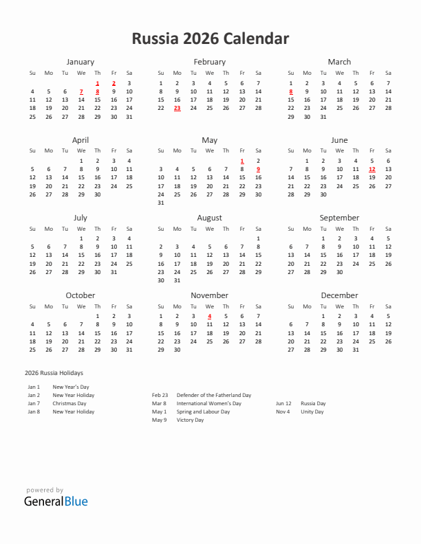 2026 Yearly Calendar Printable With Russia Holidays