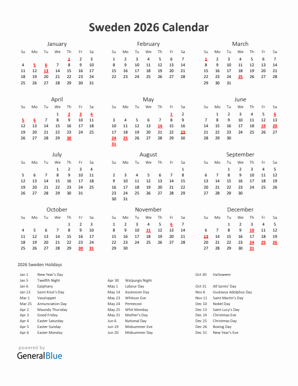 2026 Yearly Calendar Printable With Sweden Holidays