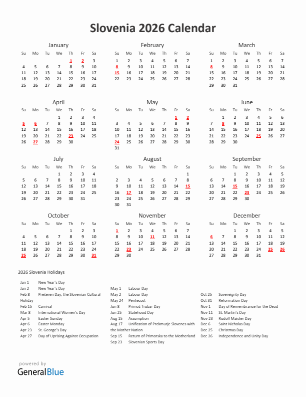 2026 Yearly Calendar Printable With Slovenia Holidays