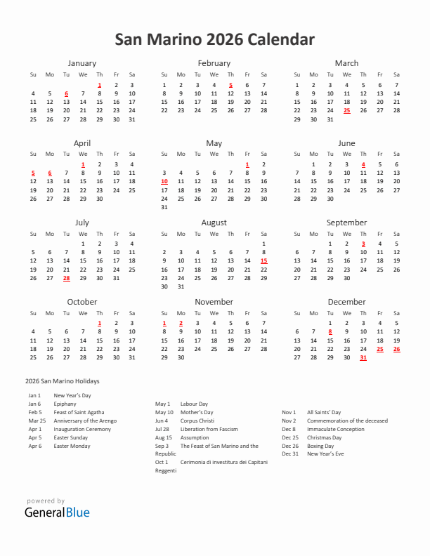 2026 Yearly Calendar Printable With San Marino Holidays