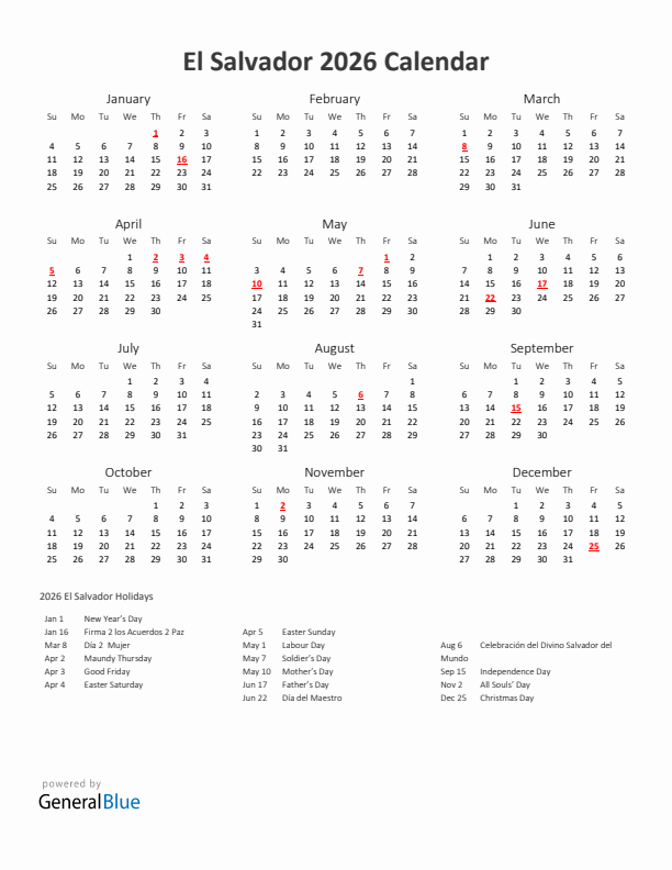 2026 Yearly Calendar Printable With El Salvador Holidays