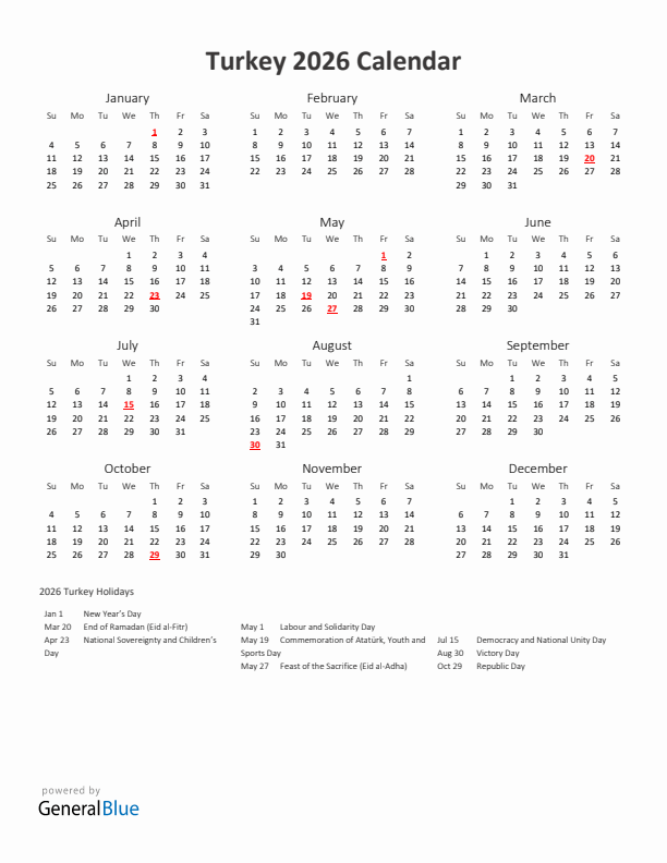 2026 Yearly Calendar Printable With Turkey Holidays