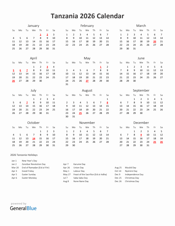 2026 Yearly Calendar Printable With Tanzania Holidays