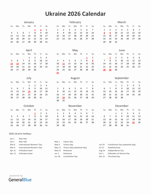 2026 Yearly Calendar Printable With Ukraine Holidays