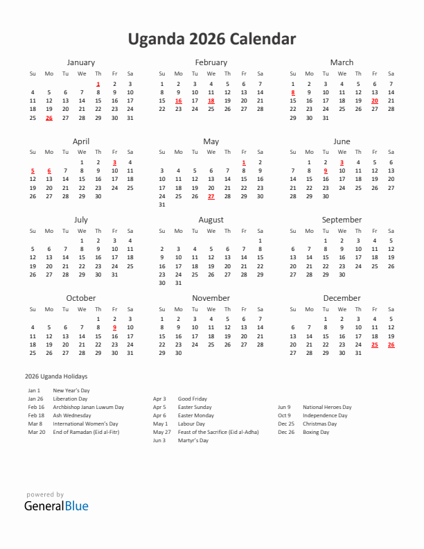 2026 Yearly Calendar Printable With Uganda Holidays