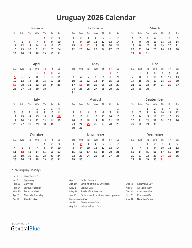 2026 Yearly Calendar Printable With Uruguay Holidays