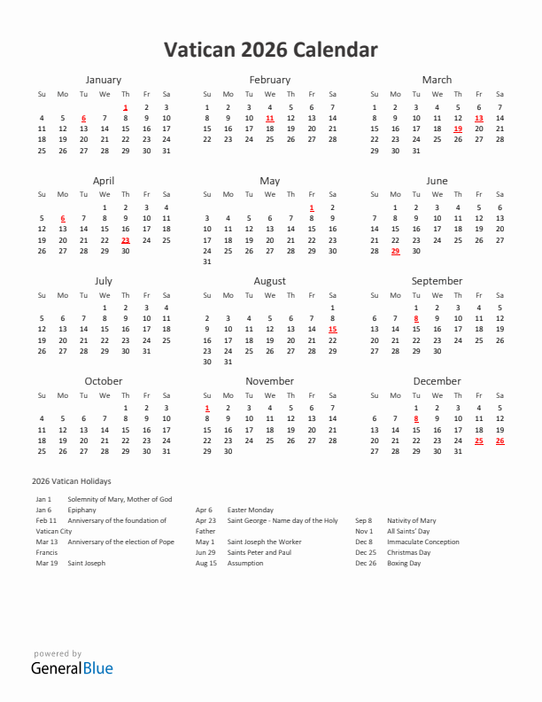 2026 Yearly Calendar Printable With Vatican Holidays