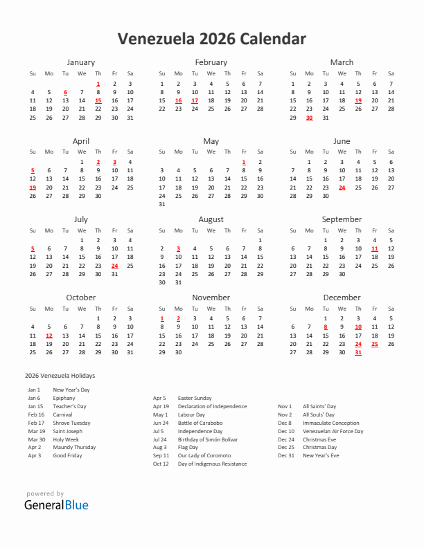 2026 Yearly Calendar Printable With Venezuela Holidays