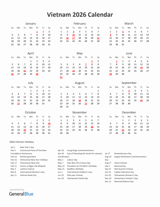 2026 Yearly Calendar Printable With Vietnam Holidays