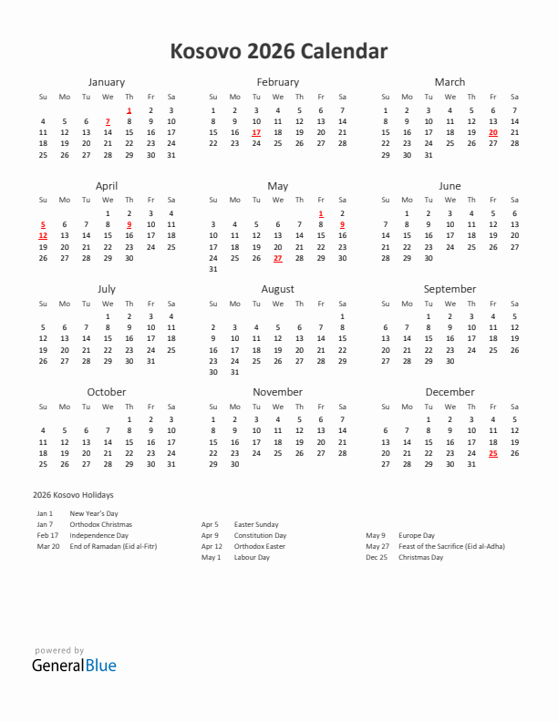 2026 Yearly Calendar Printable With Kosovo Holidays