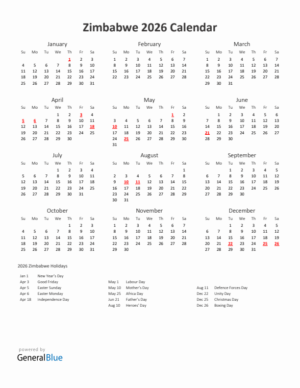 2026 Yearly Calendar Printable With Zimbabwe Holidays