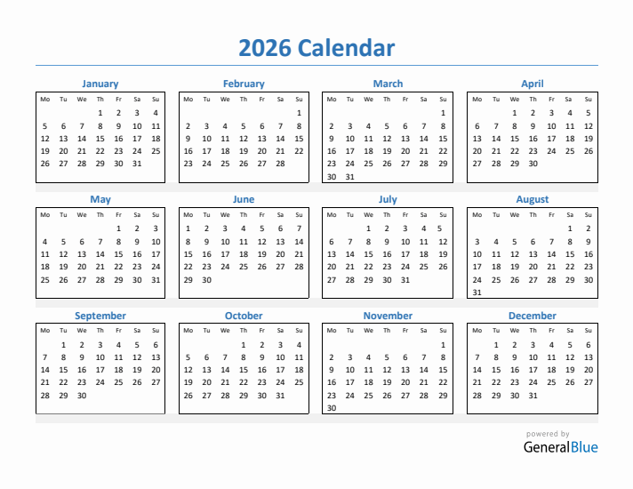 2026 Simple Yearly Calendar (PDF Excel Word)