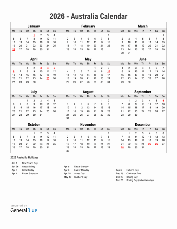 Year 2026 Simple Calendar With Holidays in Australia