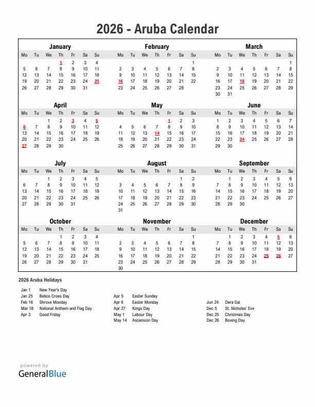 Year 2026 Simple Calendar With Holidays in Aruba