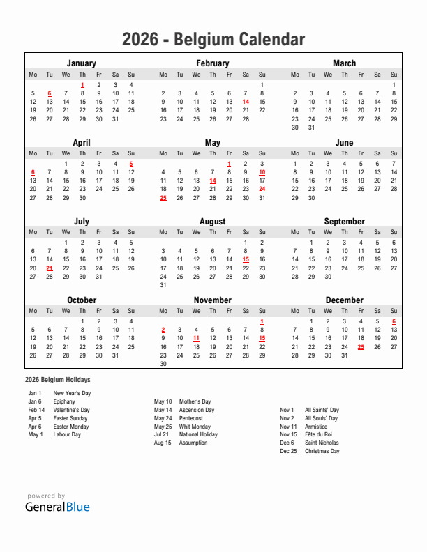 Year 2026 Simple Calendar With Holidays in Belgium