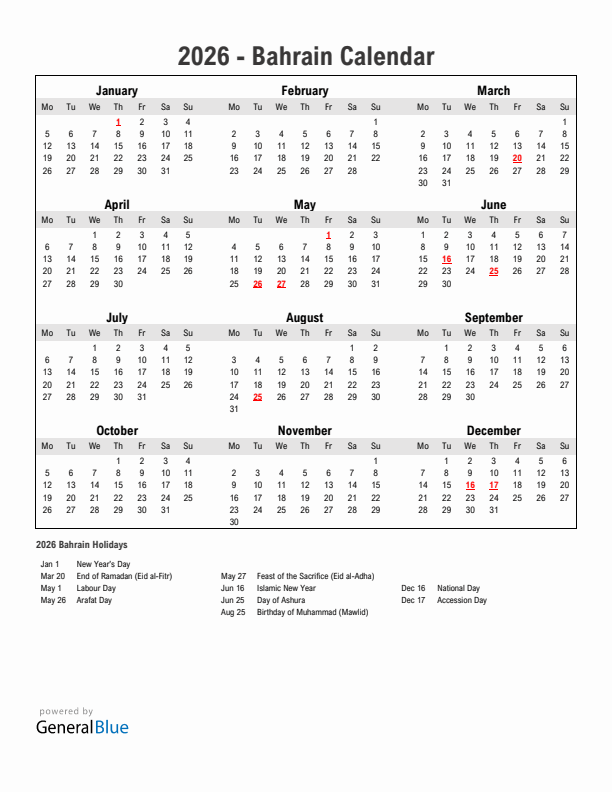 Year 2026 Simple Calendar With Holidays in Bahrain