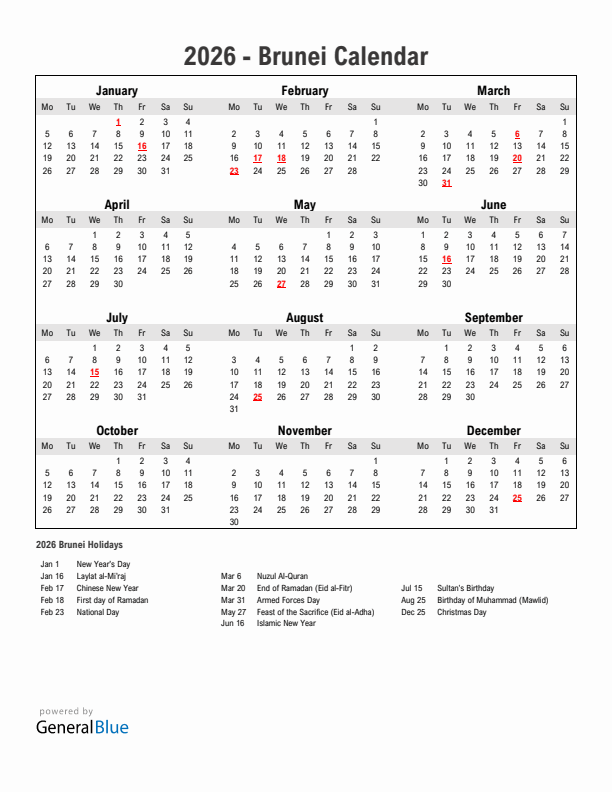 Year 2026 Simple Calendar With Holidays in Brunei