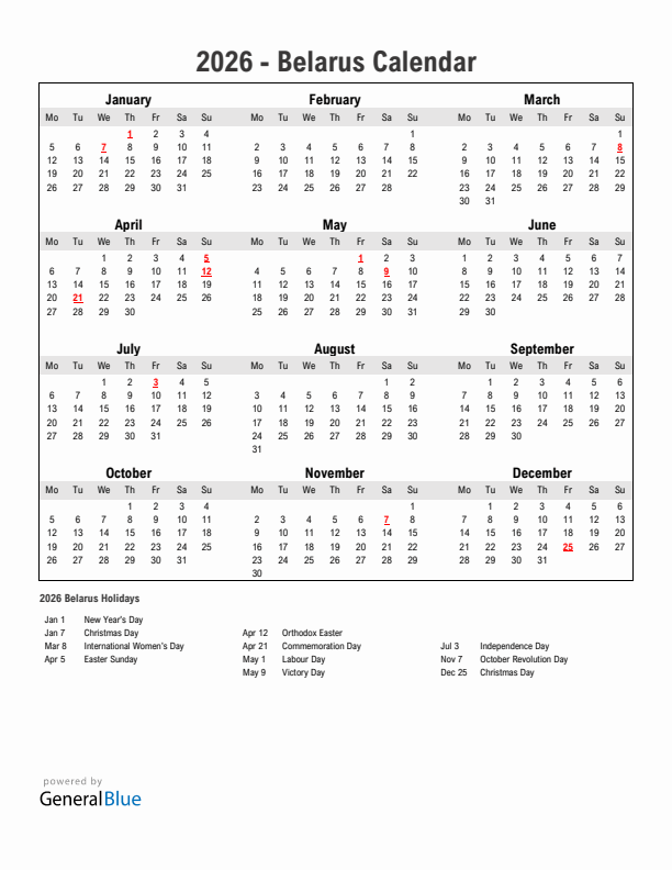 Year 2026 Simple Calendar With Holidays in Belarus