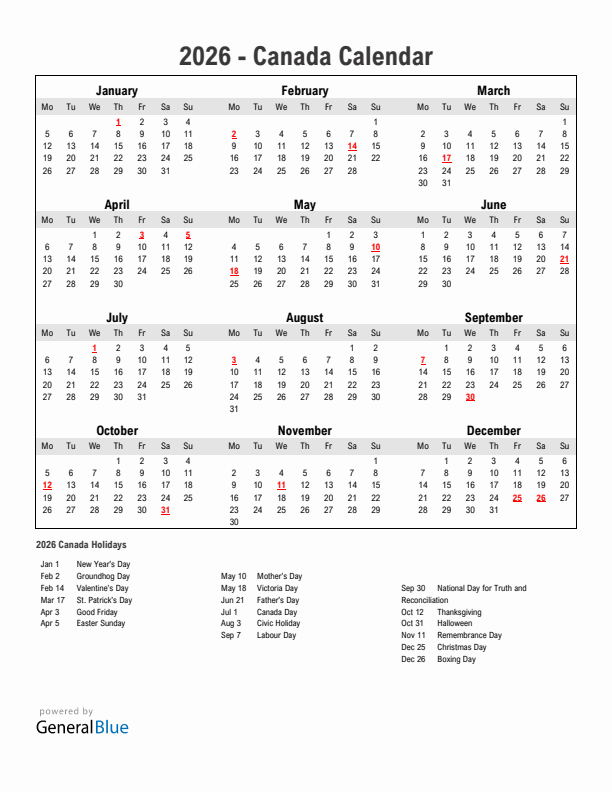 Year 2026 Simple Calendar With Holidays in Canada