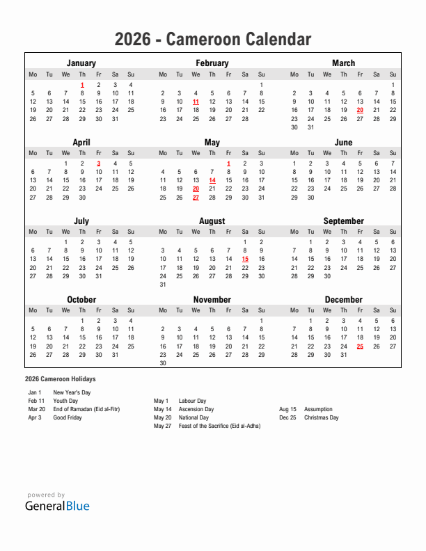 Year 2026 Simple Calendar With Holidays in Cameroon