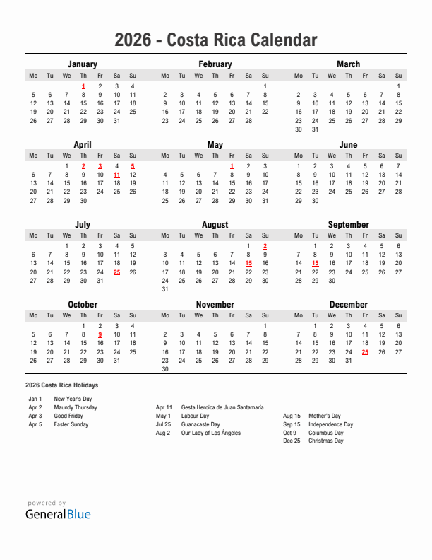 Year 2026 Simple Calendar With Holidays in Costa Rica