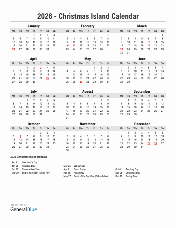 Year 2026 Simple Calendar With Holidays in Christmas Island