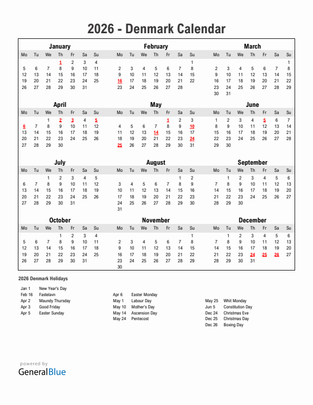 Year 2026 Simple Calendar With Holidays in Denmark