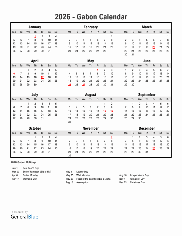 Year 2026 Simple Calendar With Holidays in Gabon