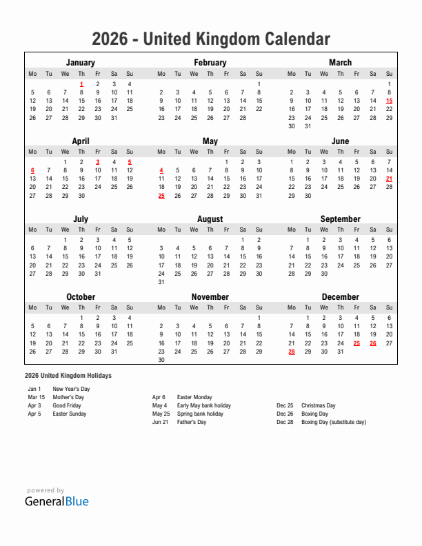 Year 2026 Simple Calendar With Holidays in United Kingdom