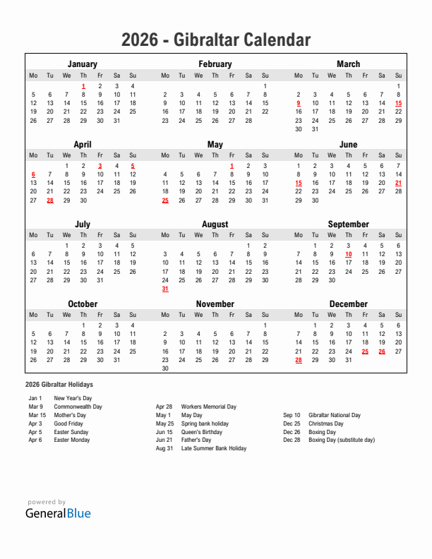 Year 2026 Simple Calendar With Holidays in Gibraltar