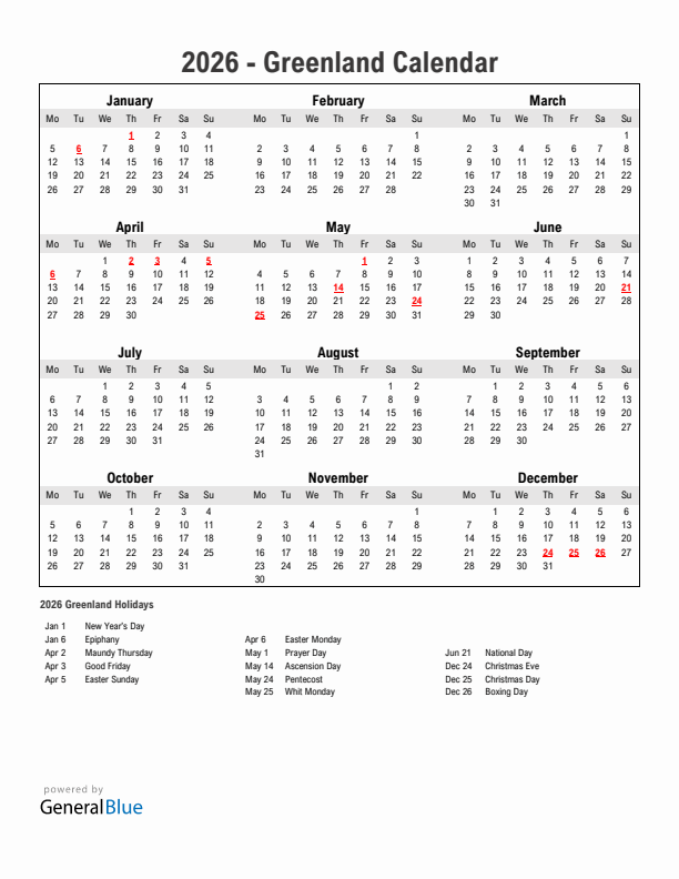 Year 2026 Simple Calendar With Holidays in Greenland