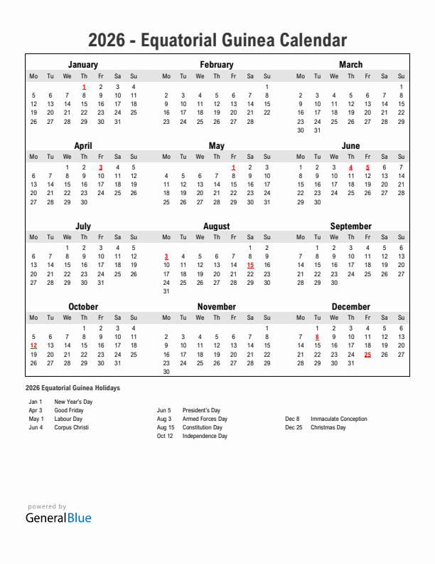 Year 2026 Simple Calendar With Holidays in Equatorial Guinea