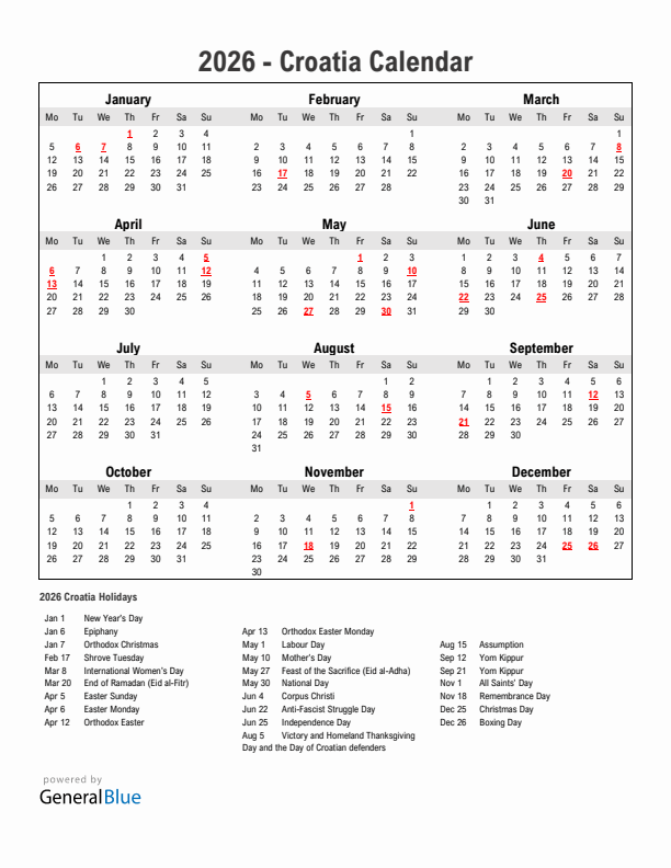 Year 2026 Simple Calendar With Holidays in Croatia