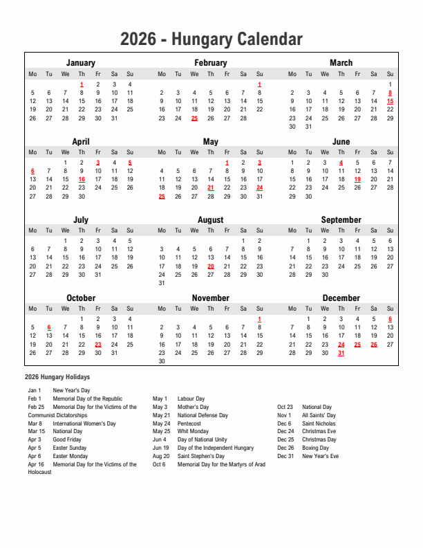 Year 2026 Simple Calendar With Holidays in Hungary