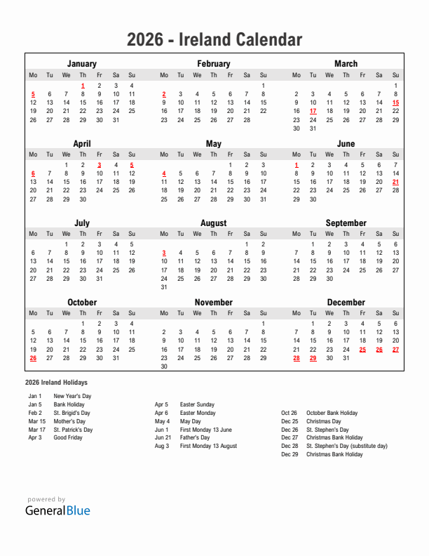 Year 2026 Simple Calendar With Holidays in Ireland