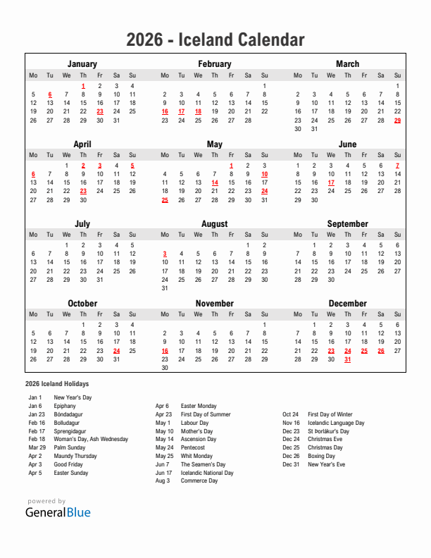 Year 2026 Simple Calendar With Holidays in Iceland