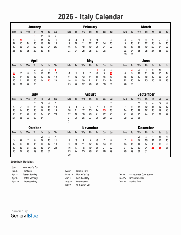 Year 2026 Simple Calendar With Holidays in Italy