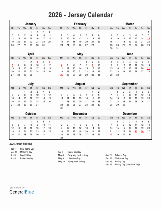 Year 2026 Simple Calendar With Holidays in Jersey