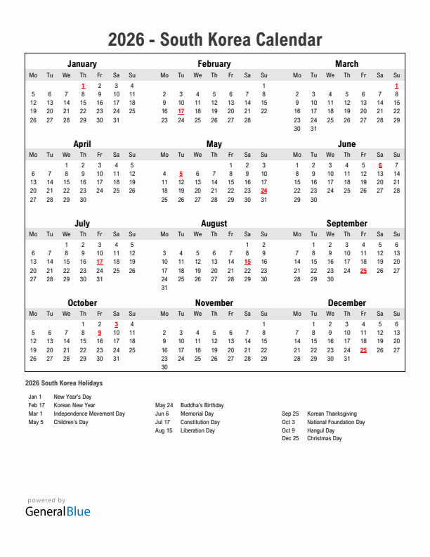 Year 2026 Simple Calendar With Holidays in South Korea