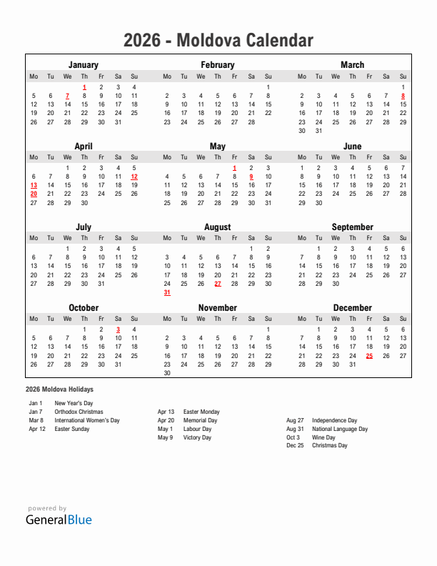 Year 2026 Simple Calendar With Holidays in Moldova