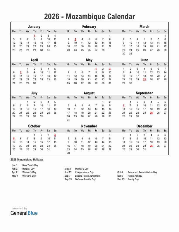 Year 2026 Simple Calendar With Holidays in Mozambique