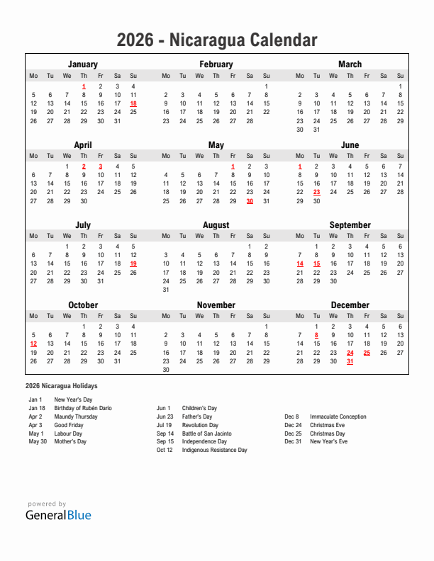 Year 2026 Simple Calendar With Holidays in Nicaragua