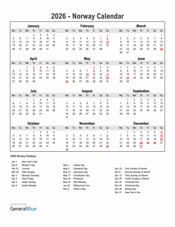 Year 2026 Simple Calendar With Holidays in Norway