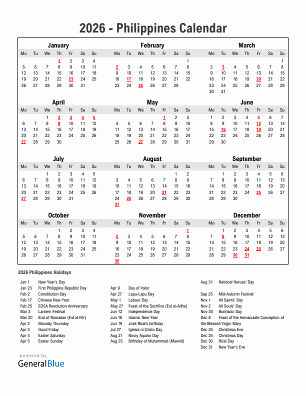 Year 2026 Simple Calendar With Holidays in Philippines