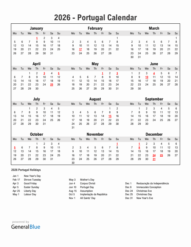 Year 2026 Simple Calendar With Holidays in Portugal