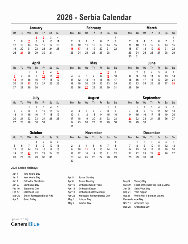 Year 2026 Simple Calendar With Holidays in Serbia