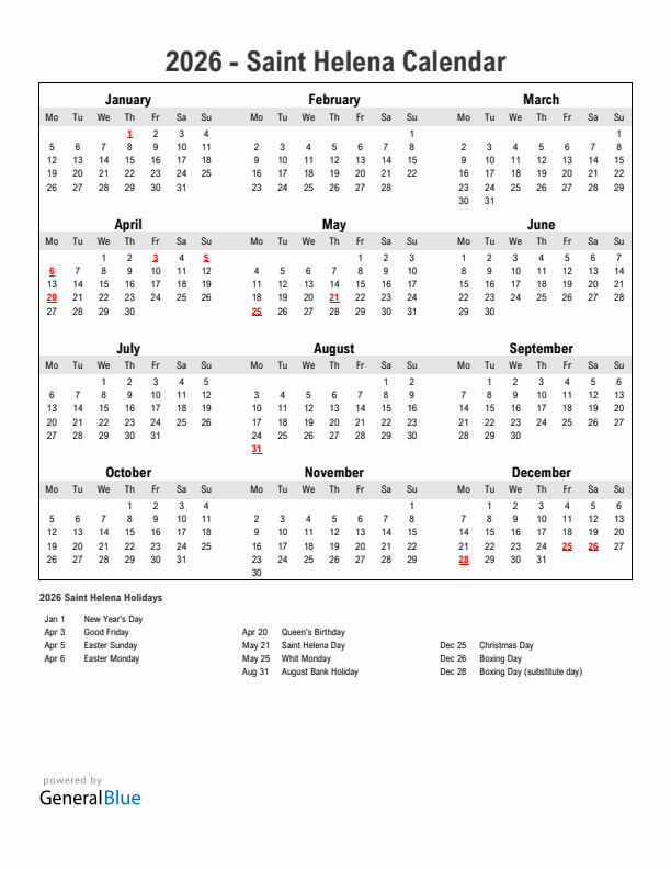 Year 2026 Simple Calendar With Holidays in Saint Helena