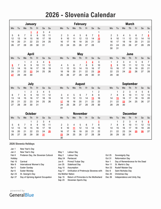 Year 2026 Simple Calendar With Holidays in Slovenia