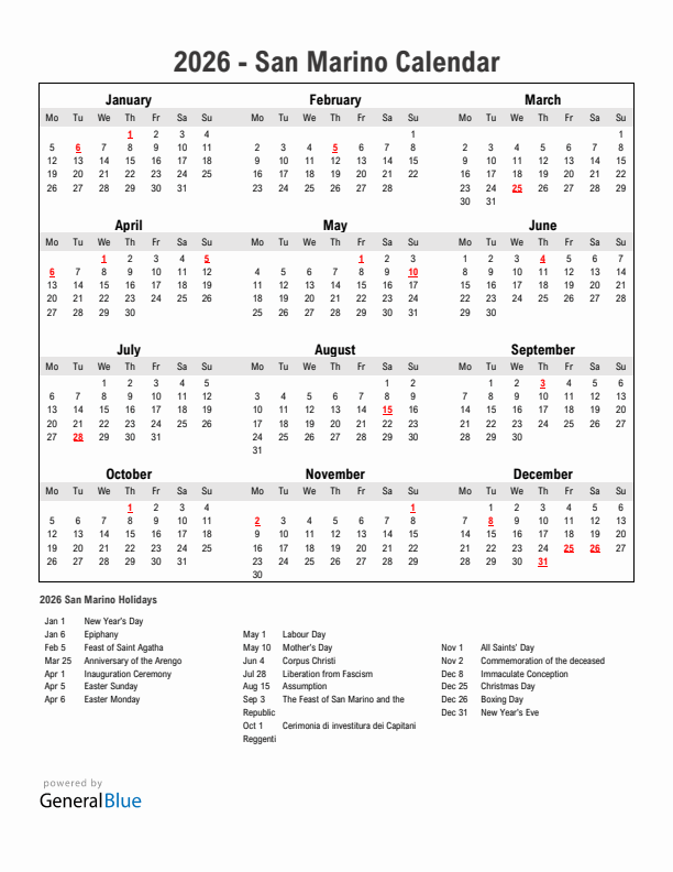 Year 2026 Simple Calendar With Holidays in San Marino