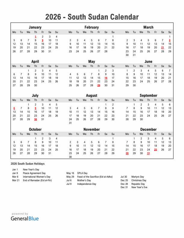 Year 2026 Simple Calendar With Holidays in South Sudan